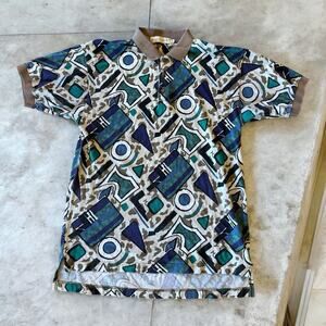 Vintage Basic Elements Polo Shirt Medium Geometric Abstract 90s Retro Casual